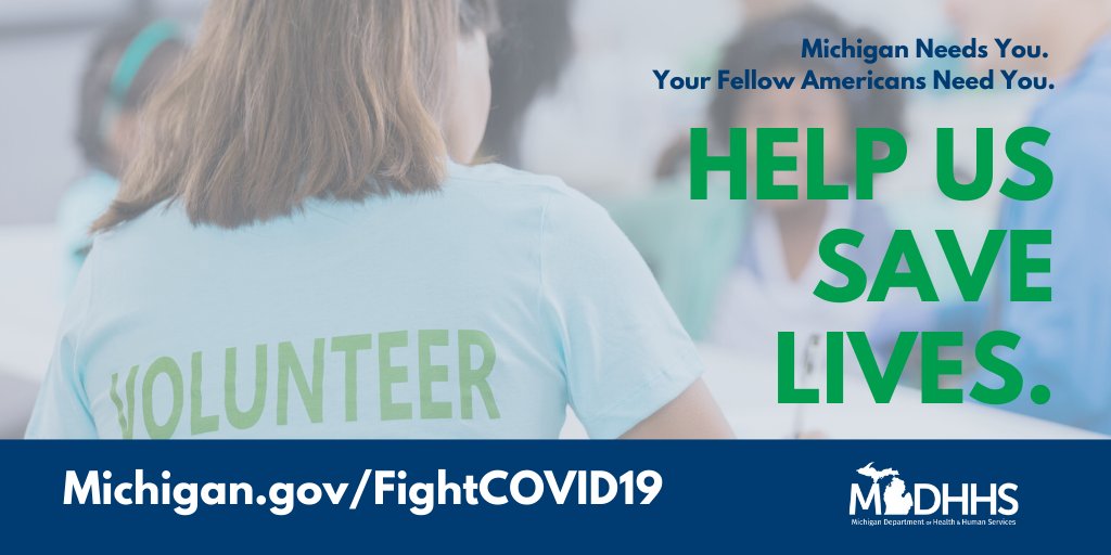 MichiganHHS's tweet photo. We're calling on trained medical professionals and other Michiganders to help make a difference in the fight to slow the spread of #COVID19. Your time, talent and donations will have an impact now. Help us save lives by visiting the new volunteer website, https://t.co/scrulwYvBQ. https://t.co/X6TjQbkqBW