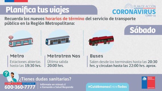 E_RoldanCa's tweet photo. #PlanCoronavirus | Horario de término del transporte en la RM

🚌 Buses: últimas salidas serán a las 20:30PM, por lo que circularán hasta casi las 22hrs

🚇 Metro: accesos cerrarán a las 19.30PM

🚆 MetroTrenNos última salida a las 20PM en ambas direcciones
#CuidémonosEntreTodos https://t.co/NhWqIao0gm