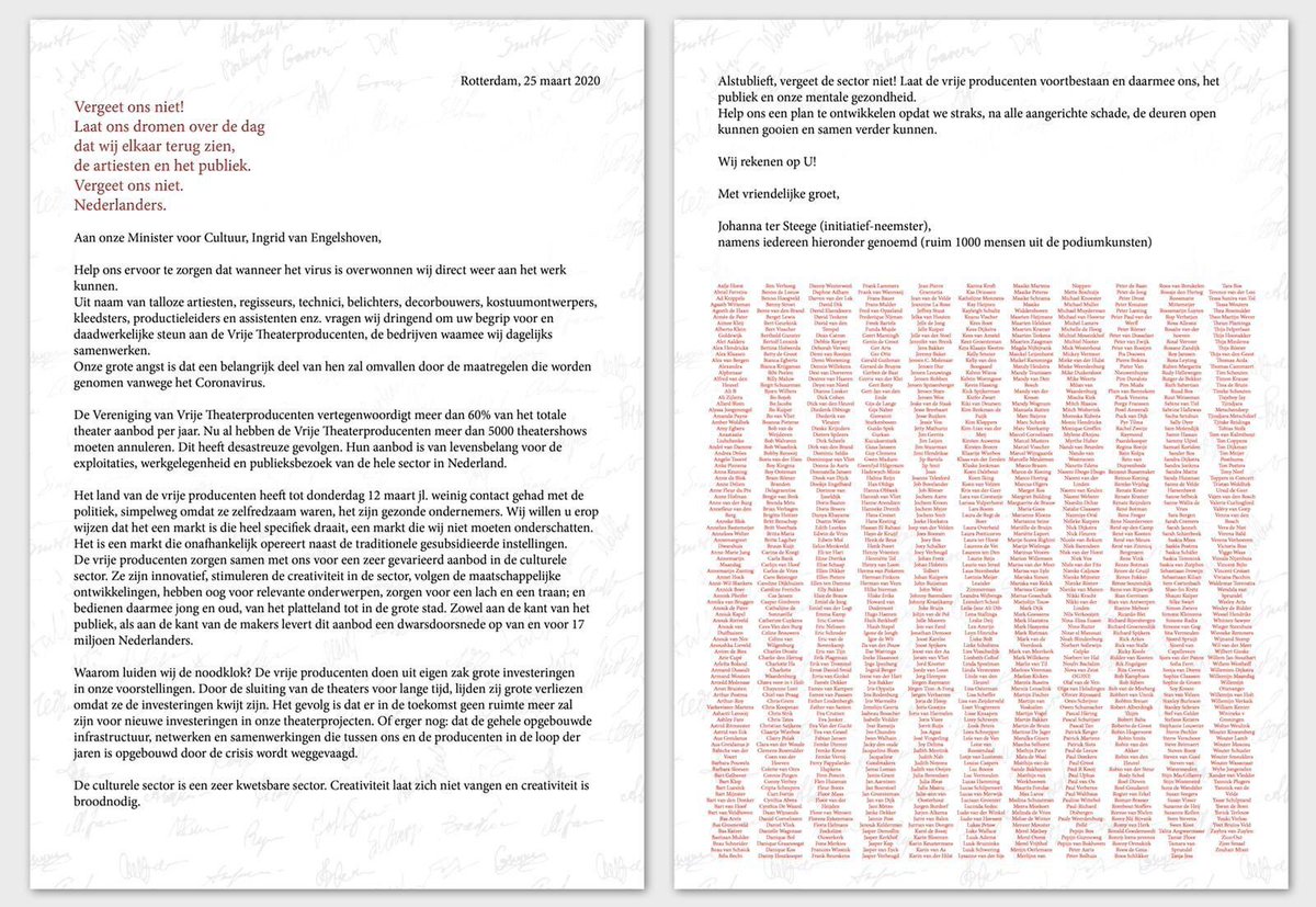 Acteurs, creatives, technici, kap, grime... iedereen die werkzaam is in onze prachtige theatervak en natúurlijk het publiek dat ons een warm hart toedraagt, deel dit bericht!
Dank!
#Ministerie van #Onderwijs, #Cultuur en #Wetenschap