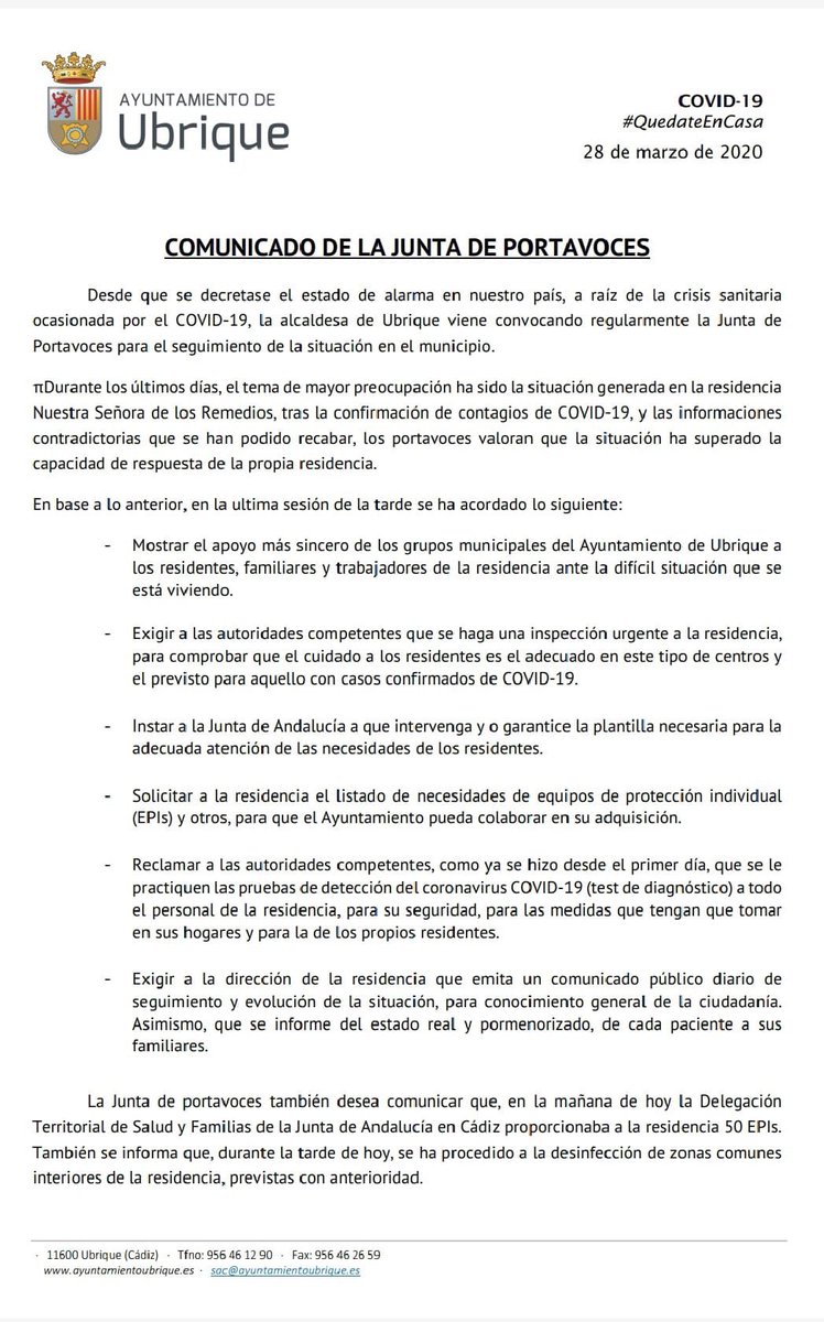 NNGGUbrique's tweet photo. ÚLTIMA HORA. Comunicado de la Junta de Portavoces del Ayuntamiento de Ubrique en torno a la residencia Nuestra Señora de los Remedios. https://t.co/A1rzY4D0Ww