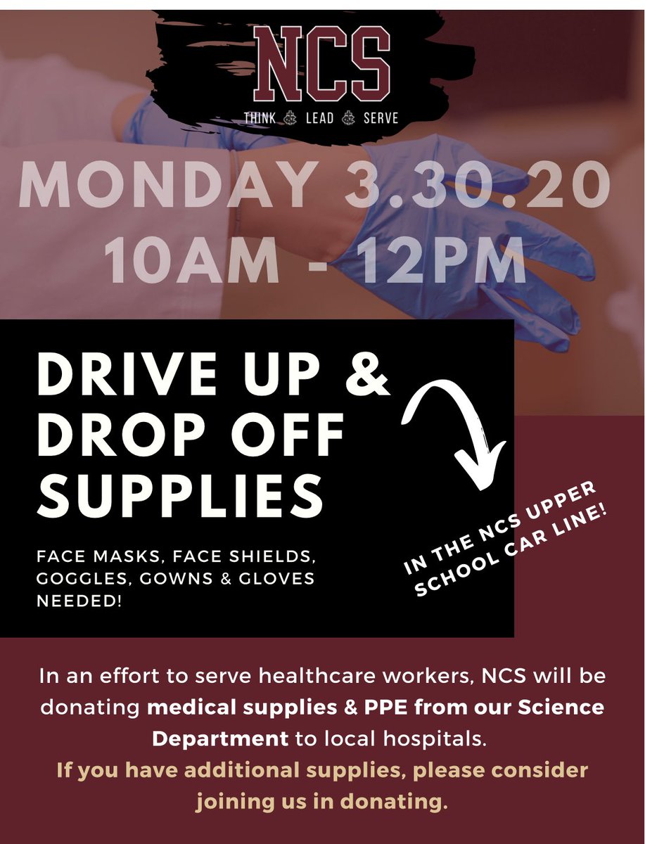 NCS_Principal's tweet photo. MONDAY, 3/30 - In an effort to serve healthcare workers, Northlake Christian will be donating medical supplies &amp; PPE from our Science Department to local hospitals.  If you have additional supplies, please consider joining us in donating!!  #wearenorthlake #weareone https://t.co/ObbWJP3iiM
