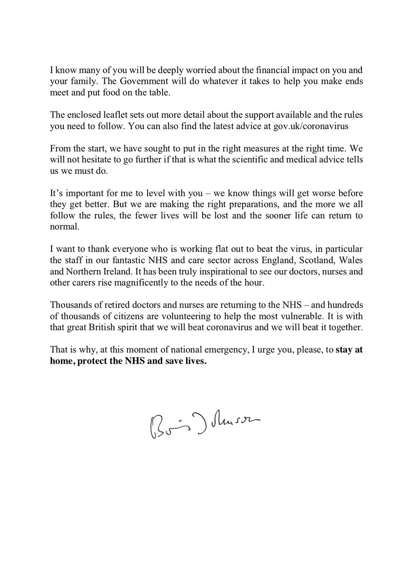 PM @BorisJohnson is writing to every UK household to urge them to stay at home, protect the NHS and save lives. #StayHomeSaveLives