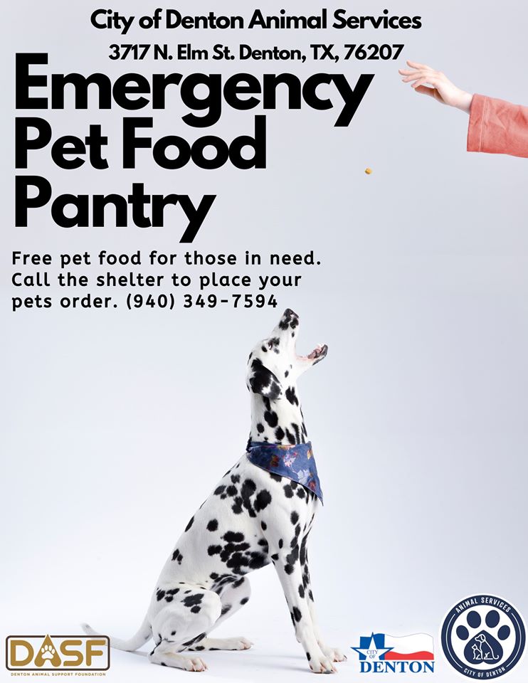 Animal Services has opened an emergency pet food pantry to help distribute pet food to those in need in our community. Please call (940) 349-7594 to schedule a pickup. Animal Services’ goal is to keep as many pets with their families as possible during this difficult time. ❤️