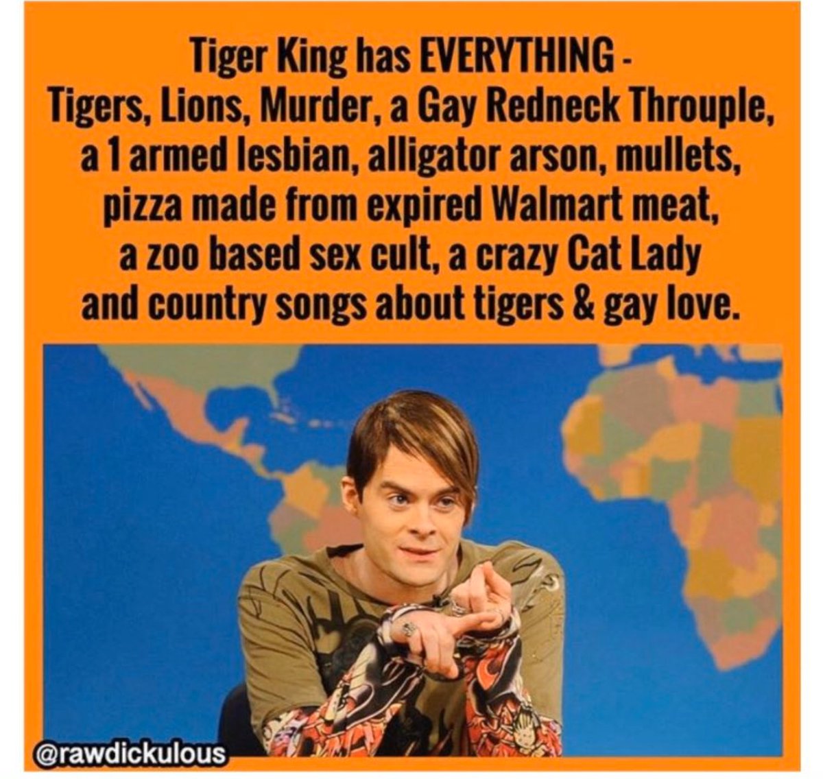 Since we're all stuck inside  #SocialDistancing, I bingewatched  #TigerKing   . OMG it's like Duck Dynasty, Honey Boo Boo, Sister Wives and Brokeback Mountain melded into a show for the Animal Planet. As a person that worked in SW Florida. This is the most FLORIDA-ish doc ever!