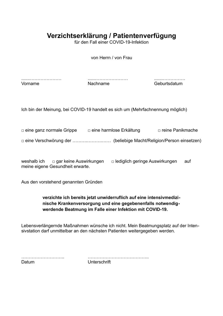 Juergen_Just's tweet photo. Für all die Experten, die der Meinung sind, bei #Covid_19 handele es sich um reine Panikmache: nun habt ihr die ultimative Möglichkeit, zu zeigen, wie ernst ihr es meint. Einfach das Formular hier ausfüllen und für alle gut sichtbar auf eurer Pinnwand posten 😉

#CoronaVirusDE https://t.co/mC2WLd5KmD