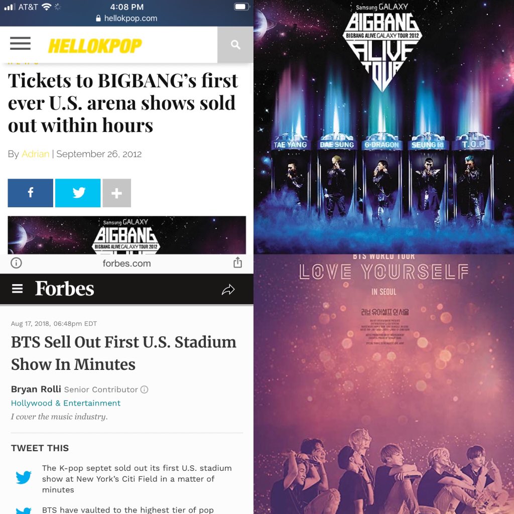 •BIGBANGs first Arena Tour in the states sold out in 2 Hours. Huge accomplishment considering it’s the first time an Asian Act is doing this. •BTS’s first American Stadium tour sold out in 15 minutes. This is historical because even western artists don’t sell out this quick.