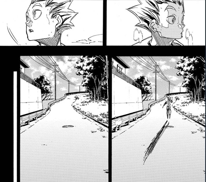 but thanks to that, we can calculate that if the emo mode started then, it ended at the end of this ch, when bokuto is walking, not alone anymore and without the emo mode, with his team and looking ready to go and win nationals