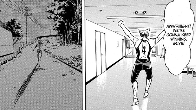 but thanks to that, we can calculate that if the emo mode started then, it ended at the end of this ch, when bokuto is walking, not alone anymore and without the emo mode, with his team and looking ready to go and win nationals