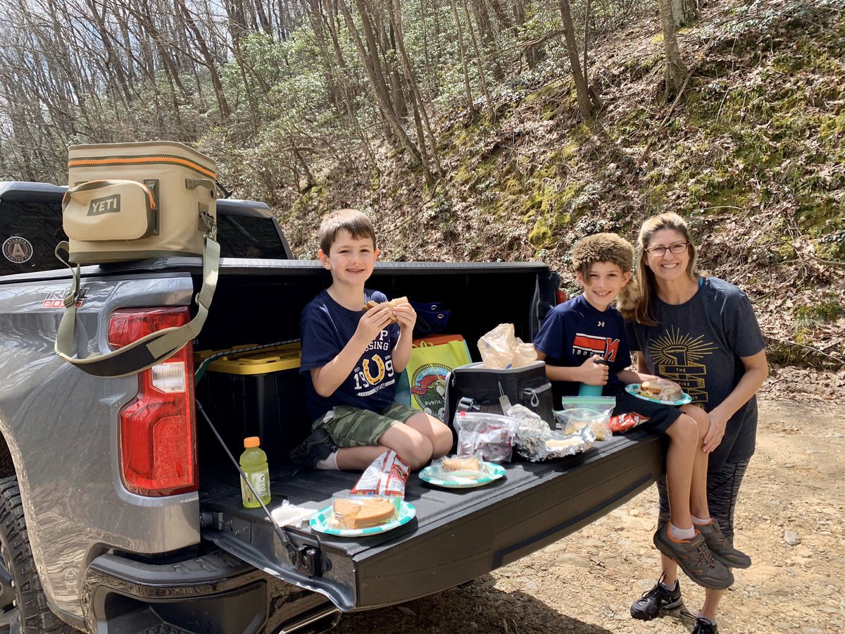 Extreme social distancing today! Went to north GA mountains & found a trail for off-roading. Switchbacks, mud, ruts & rocky terrain, waterfalls, gorgeous views, tailgate picnic & creek play. Loving “forced” family time!