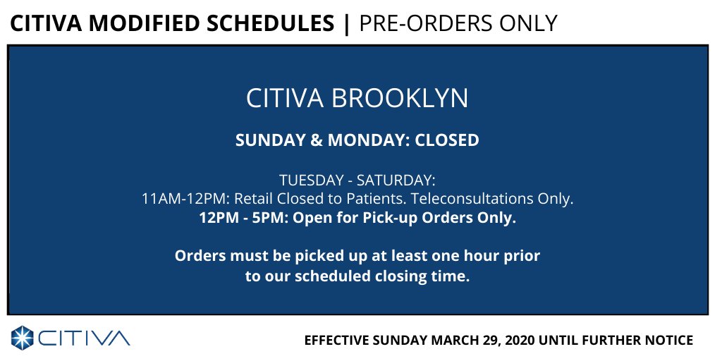 UPDATED: Starting tomorrow, March 29th, our hours of operation will be changing. In addition, we are only accepting pre-orders for pickup at Citiva Brooklyn. Please visit our website at citiva.com/covid-19-updat… to learn more.