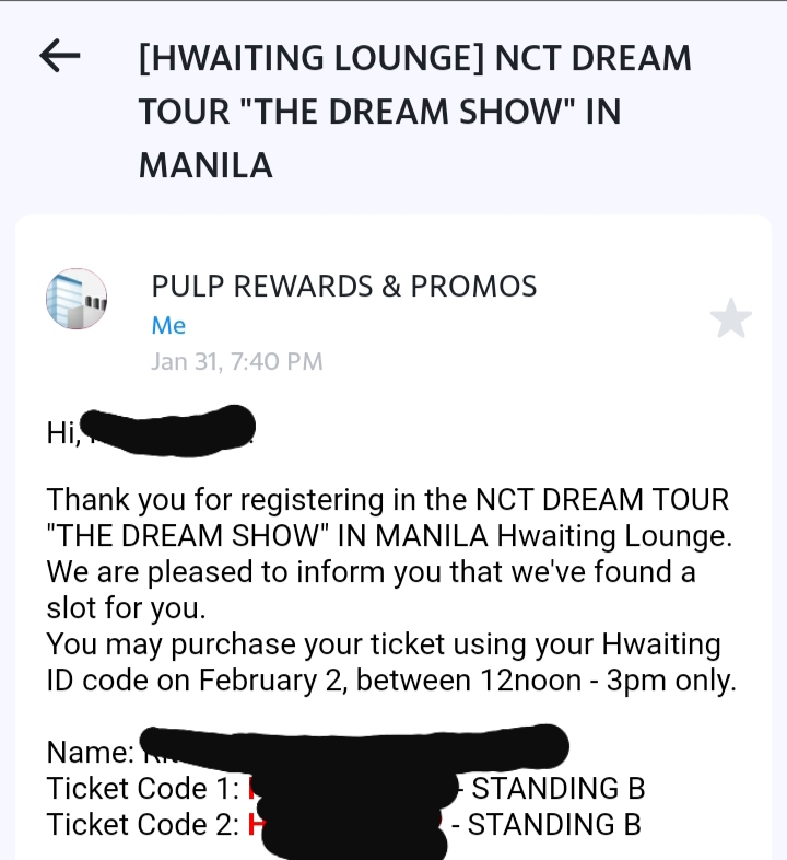 Even my twt moots got their codes. As I was about to give up waiting for my own code, an email was sent to my mother about the code! My preferred tier was originally Balcony but they sent me a code for Standing B.