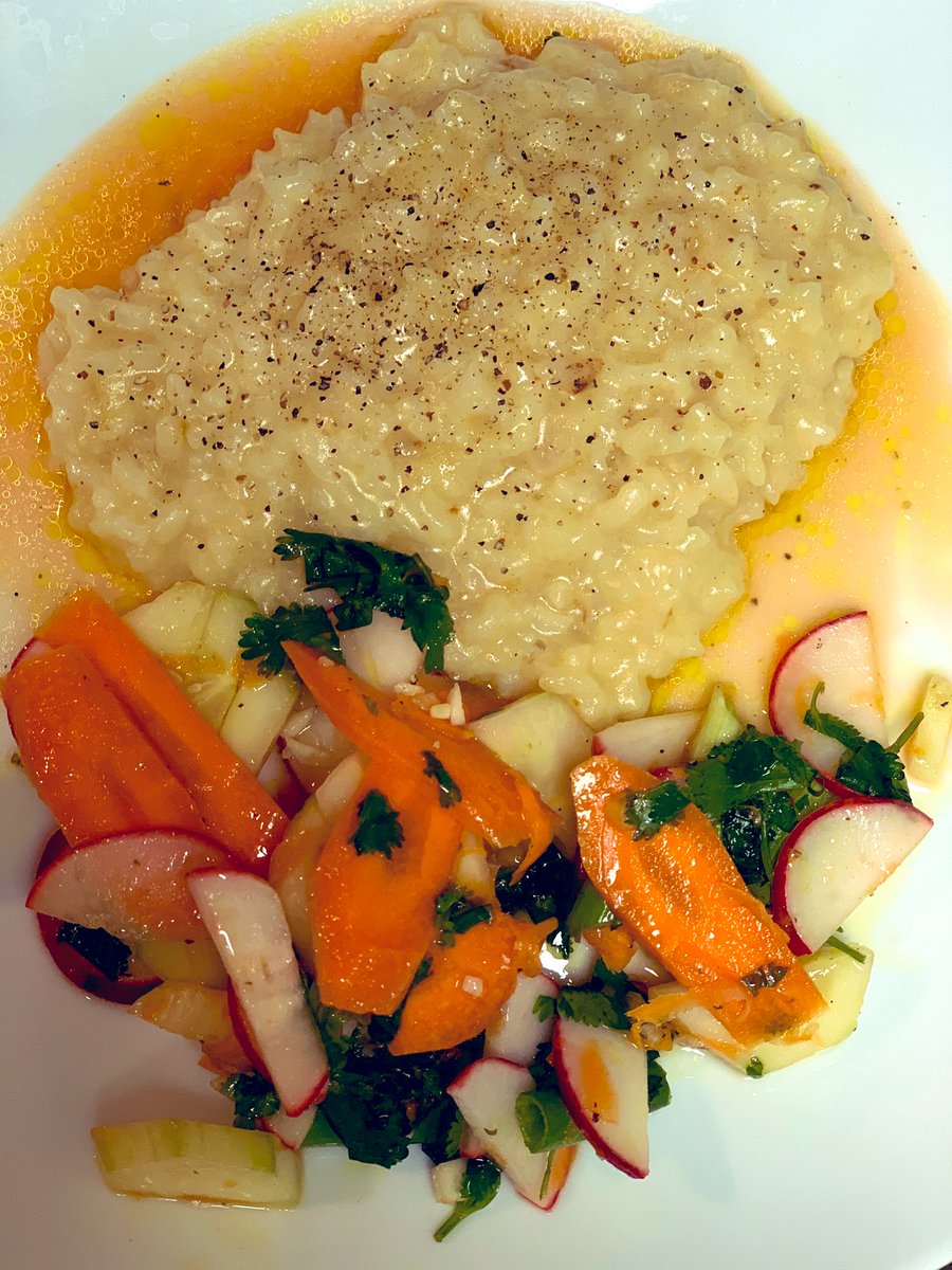Here is the Parmesan caramelized onion risotto, with a salad of lemony cucumber radish cilantro situation: it’s an Italy and Mexico mash up.