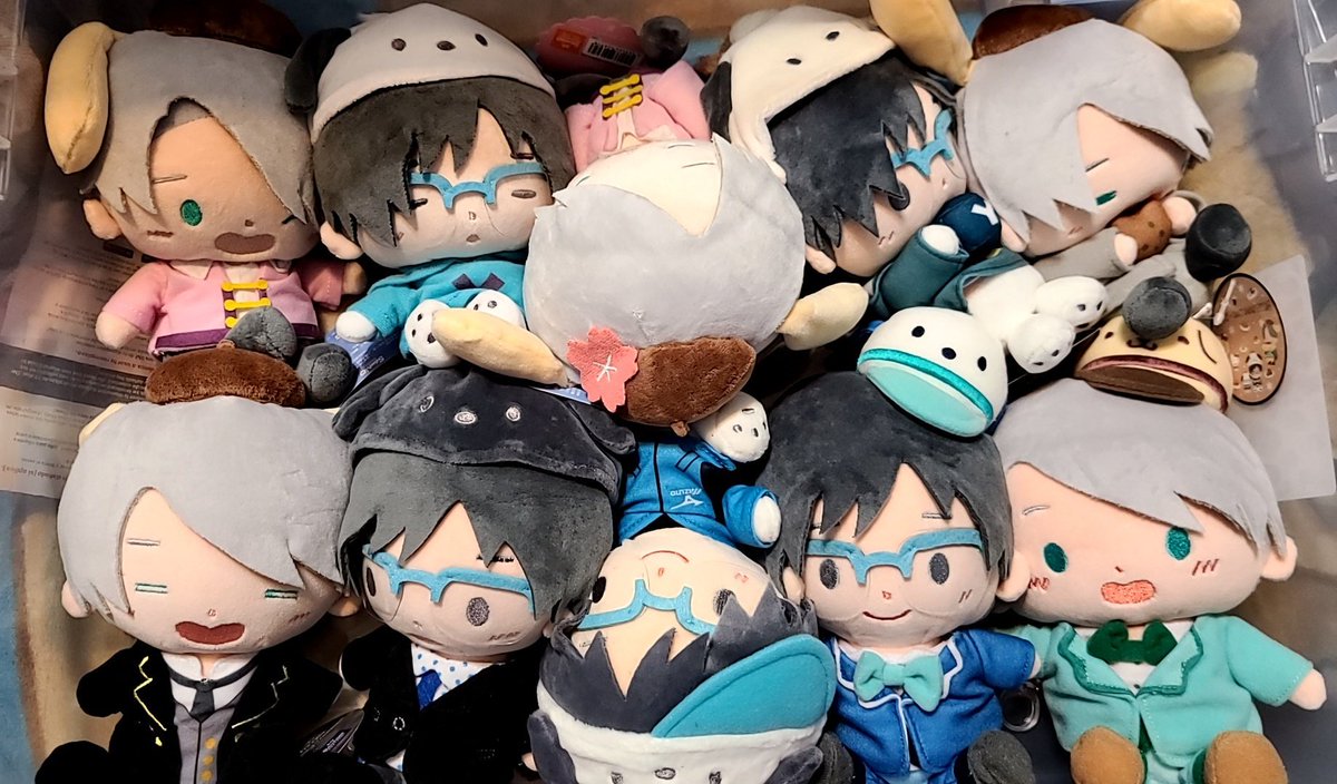 usagimcd's tweet image. So tired and didn't get much of what I wanted done. I am happy with my new bins tho. Trying to organize my merch. These plushies are so soft! 😭 it seems criminal to lock them up in a tote. 
PS: have an extra of victor on top left corner. 😁
#yoimerch #victuuri