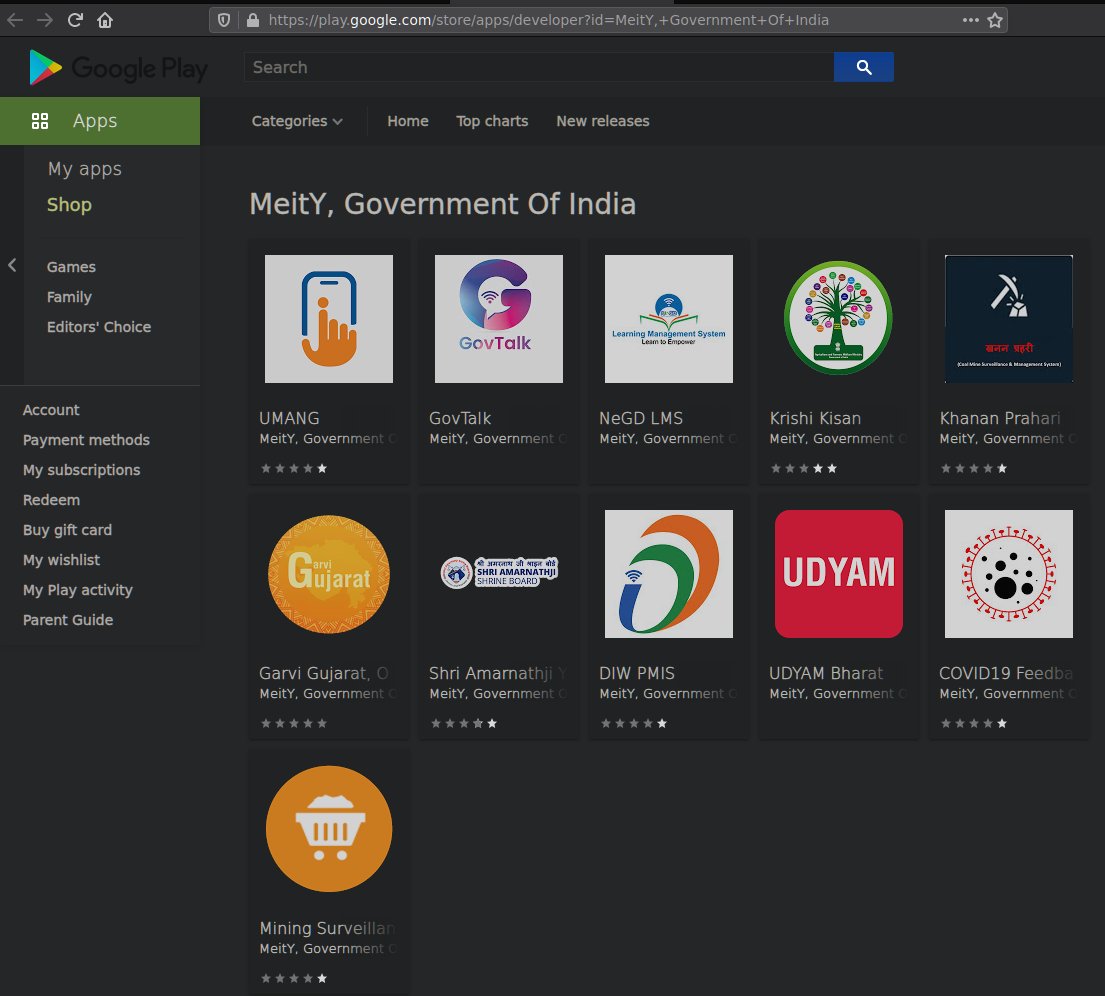 And in more  #DIgitalIndia  #FAIL @GoI_MeitY has two different developer IDs on the play store and publishes apps on both of them."MeitY, Government of India"and"MeitY, Government Of India"(Difference is "of" vs "Of" )  https://play.google.com/store/apps/developer?id=MeitY,+Government+of+India https://play.google.com/store/apps/developer?id=MeitY,+Government+Of+India