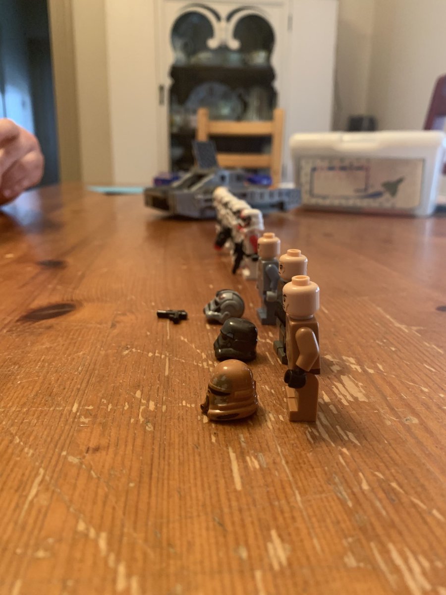 Princessjesster's tweet photo. โฆโฆ@HamillHimselfโฉ my son has lined up half his storm trooper โฆ@LEGO_Groupโฉ guys ready to march into battle! #covidactivities #selfisolationfun helmets on, weapons at the ready. https://t.co/05Myh1xSfl