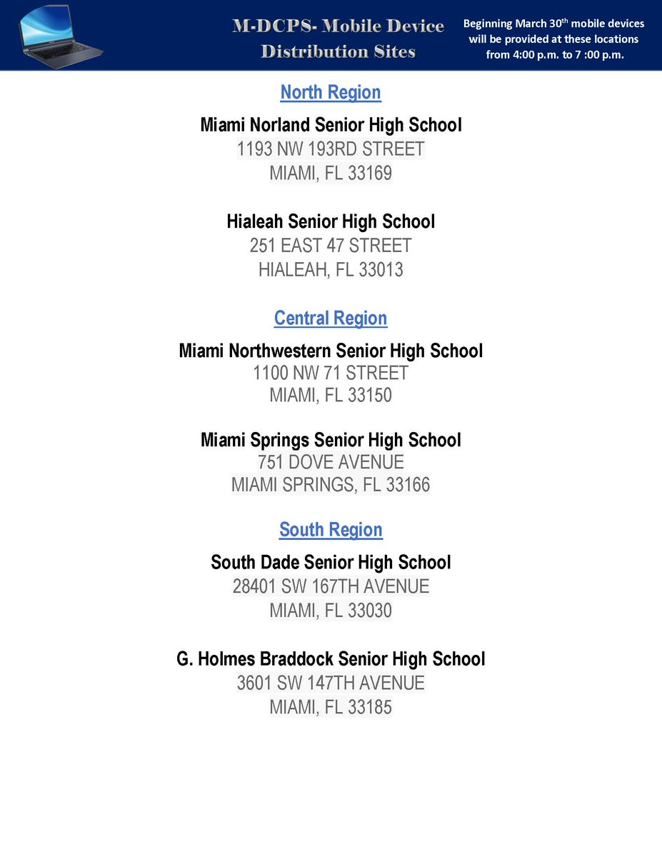 MDCPS's tweet photo. To ensure that all students can participate in distance learning, six high schools throughout the district will continue to serve as device distribution sites, utilizing a drive-through pick-up method from 4-7 p.m.  beginning March 30. #MDCPSLearns https://t.co/tvCUdDjtfH