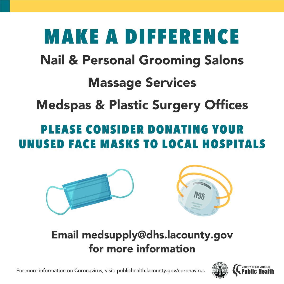 lapublichealth's tweet image. If you operate a business where masks are part of your daily work, please consider donating them to your local hospitals. Let’s make a difference in the fight against #COVID19 #DoOurPart