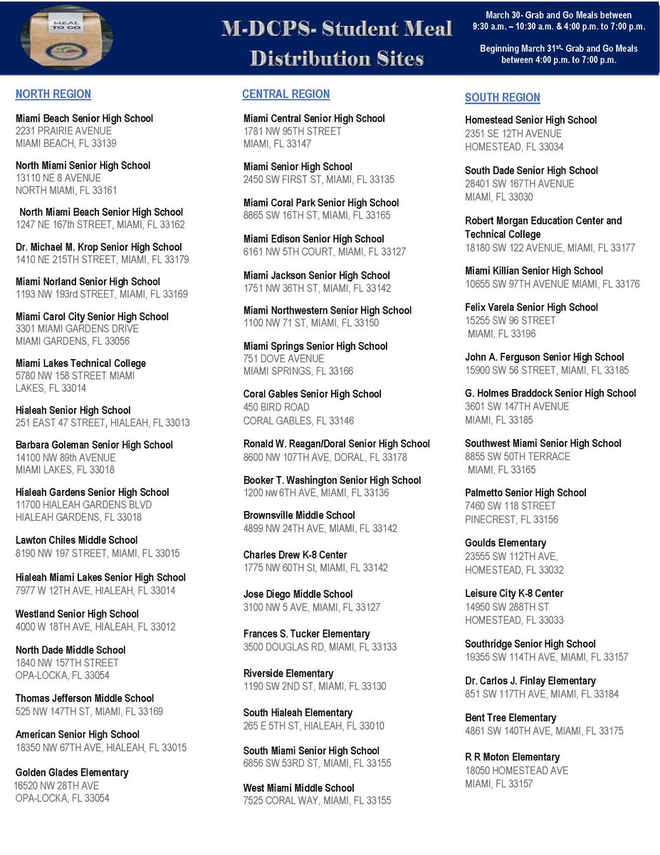 MDCPS's tweet photo. “Grab-and-go” meals will be distributed at 50 schools. On Monday, March 30, meals will be served from 9:30-10:30 a.m. &amp; 4-7 p.m. Beginning, Tuesday, March 31, meals will ONLY be served from 4 -7 p.m. to ensure that the virtual instructional day is not disrupted. #MDCPSWellness https://t.co/5rKpEI72KO