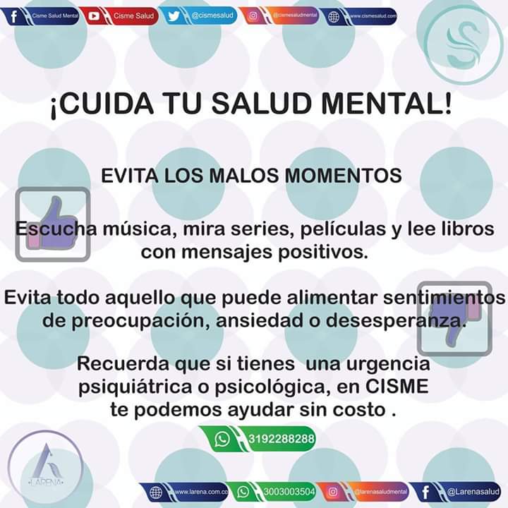 cismesalud's tweet photo. Evitemos oír, leer o ver videos que acrecienten nuestra angustia y ansiedad. Por el contrario, recargate con música, lectura y películas positivas.

Recuerda que si estás en crisis puedes consultar de manera gratuita a través de https://t.co/ebcuDQSyi8

Wpp : 3192288288 https://t.co/l9dPZc9qir