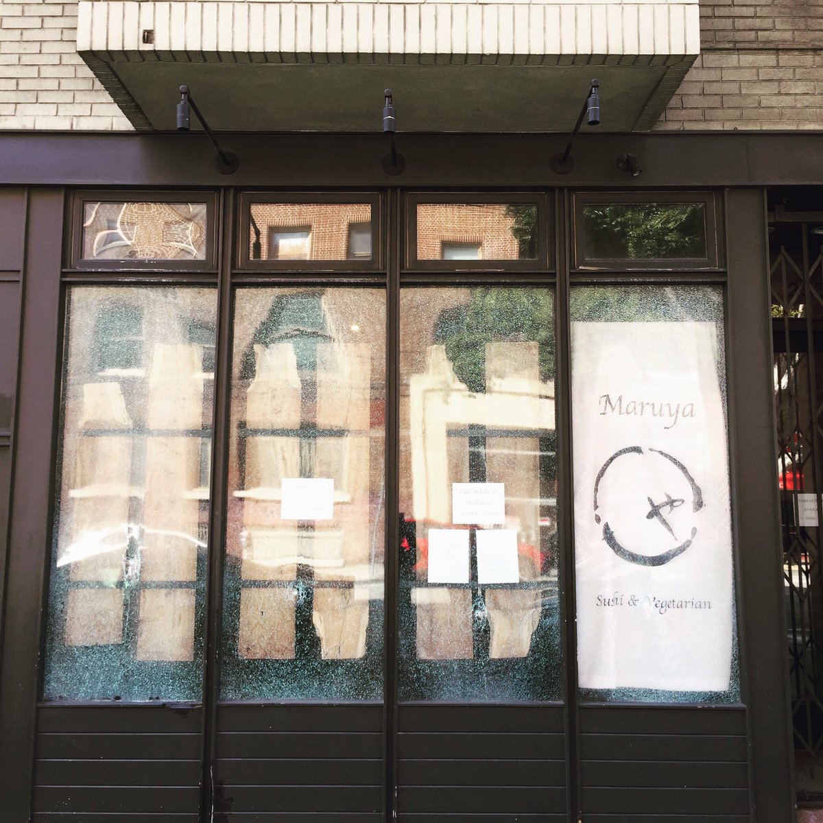 MaruyaSF's tweet photo. The Shelter-in-Place is shuttering some restaurants forever. To make the situation worse, someone vandalized and shattered all the glass panel windows at Maruya.  What to do; pick up the pieces and carry on. https://t.co/YDmdavC77U