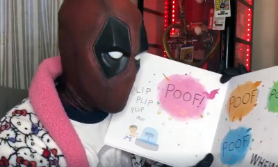 RoseCityCC's tweet photo. Almost bedtime for the kiddos? Let Deadpool read them a bedtime story tonight. (Don't worry, he kept it youngster-appropriate today) https://t.co/fUGiycNpTV @pooliesangels #RoseCityJrAtHome https://t.co/BWJK3XiNUZ