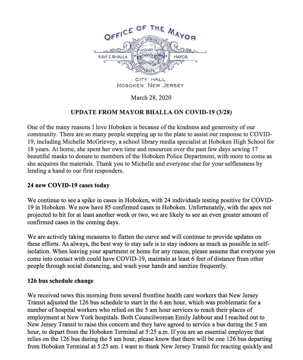 CityofHoboken's tweet photo. Update from Mayor @RaviBhalla on COVID-19: 24 new confirmed cases, 126 bus schedule change, rent control ordinance, updates from @GovMurphy including mortgage relief, no evictions or foreclosures permitted, unemployment benefits, reminder of tenant advocate service for residents https://t.co/bTETAVyazc