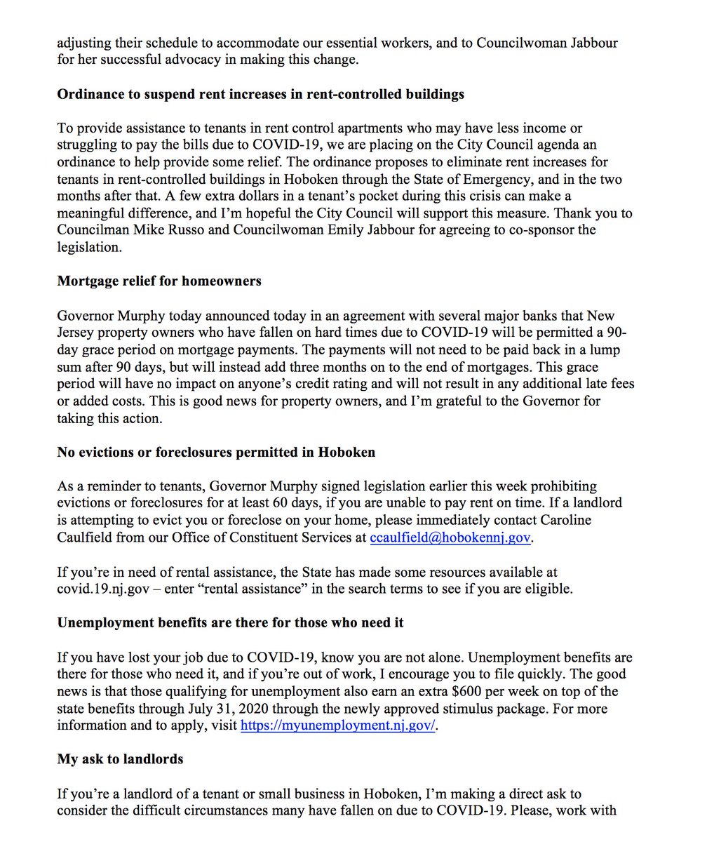 CityofHoboken's tweet photo. Update from Mayor @RaviBhalla on COVID-19: 24 new confirmed cases, 126 bus schedule change, rent control ordinance, updates from @GovMurphy including mortgage relief, no evictions or foreclosures permitted, unemployment benefits, reminder of tenant advocate service for residents https://t.co/bTETAVyazc