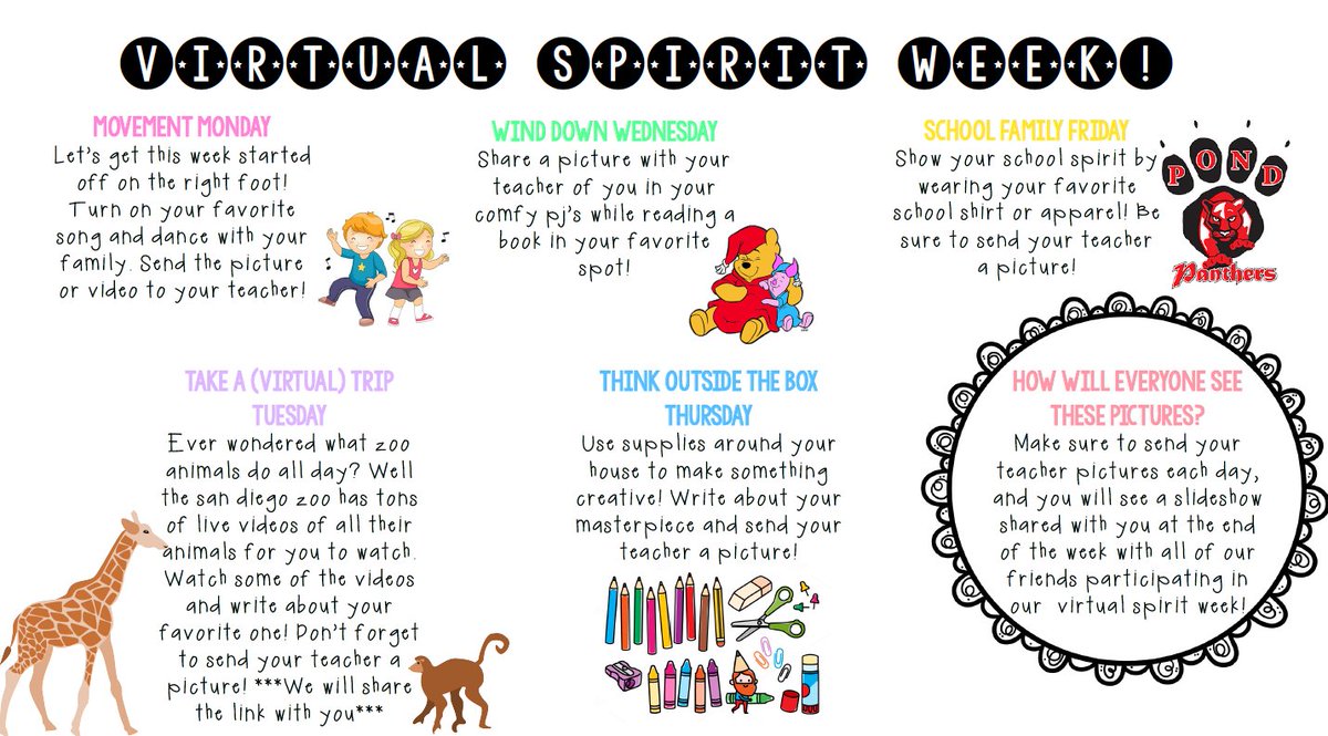 Ready for a little extra virtual fun, Pond Panthers?! Who wants to join the first graders this coming week? Thank you @MsGsFirsties for creating and planning! @PondElem @PondElemAP <a href="/Pond_Counselor/">Caiti Beazley</a> <a href="/MusicAtPond/">Music at Pond</a> <a href="/pond_library/">Mrs. Christy Beeman</a> <a href="/PondHPE/">PondHPE</a> @MissMercerTeach
