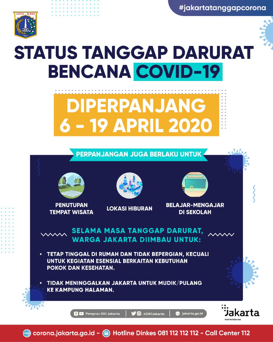 DKIJakarta's tweet photo. Pemprov DKI Jakarta memperpanjang masa status Tanggap Darurat Bencana COVID-19 hingga Minggu, 19 April 2020.

https://t.co/XsDEvPcPCV
#LawanCOVID19 #JakartaTanggapCorona #DKIJakarta #dirumahaja #CoronaVirus #COVID19  #CegahVirusCorona #Jaki https://t.co/C00Ee6nW9d