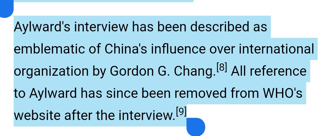 Hillinatrix's tweet photo. About Bruce Aylward being Canadian. Yeah, we have weasely ones too. But damn internet works fast. On wiki already. "All reference to Aylward has since been removed from WHO's website after the interview." #WHOLiedPeopleDied #CCPlapdog https://t.co/5uYxxCRFfq