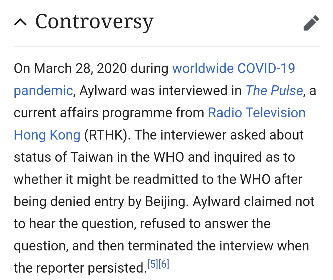 Hillinatrix's tweet photo. About Bruce Aylward being Canadian. Yeah, we have weasely ones too. But damn internet works fast. On wiki already. "All reference to Aylward has since been removed from WHO's website after the interview." #WHOLiedPeopleDied #CCPlapdog https://t.co/5uYxxCRFfq
