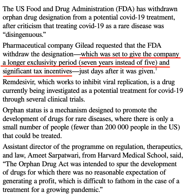 medecineactu's tweet photo. 🚨🚨Le laboratoire Gilead avait demandé à la FDA que le #Covid_19 soit considéré comme une maladie orpheline rare afin que le traitement que ce labo produit (Remdesivir) puisse bénéficier de l'exclusivité et de subventions. Devant le tollé provoqué, Gilead a retiré sa demande. https://t.co/He2iXbPVjA