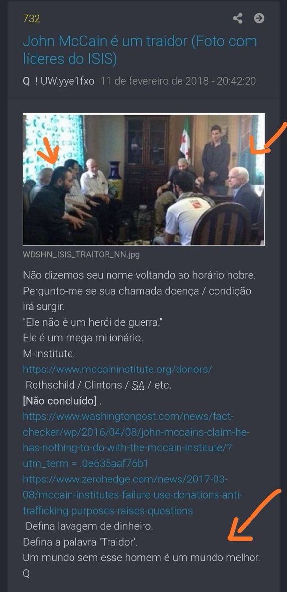 10) No dia 11/02/18 na msg 732 Q pública uma foto nunca antes divulgada da reunião entre MacCain e os líderes terroristas do ÍSIS.Defina lavagem de dinheiroDefina a palavra traidorUm mundo sem esse homem e um mundo melhorQ