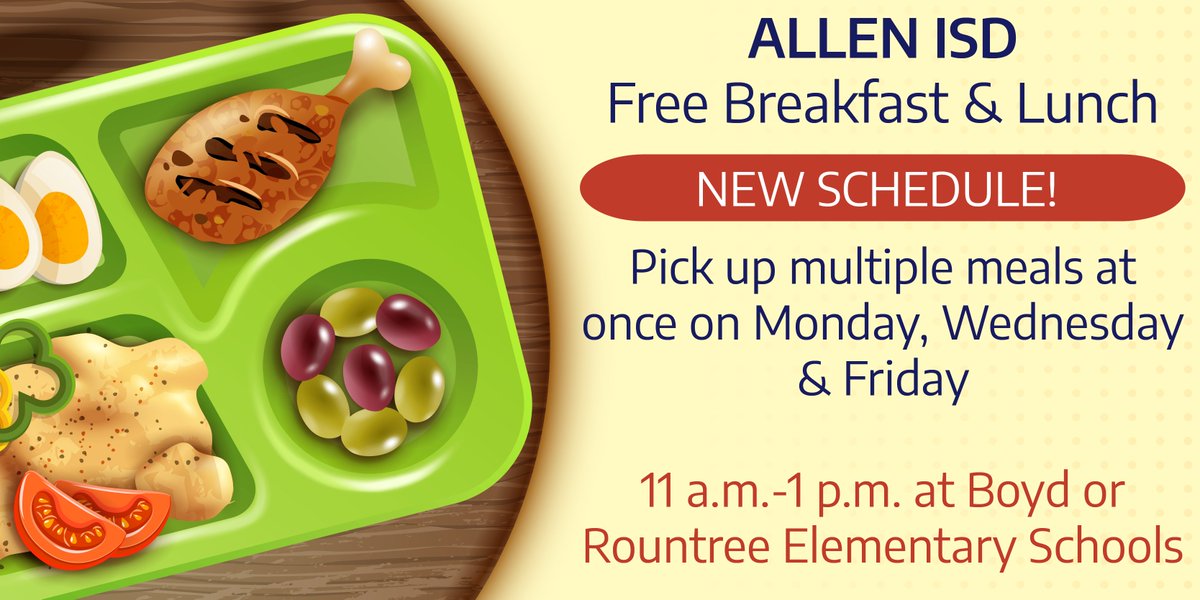 🚨🍽️New Schedule for Free Curbside Breakfast &amp; Lunch
Effective Monday, all AISD students may receive multiple meals by picking up on Mondays, Wednesdays, and Fridays at Boyd Elementary (800 Jupiter Rd) or Rountree Elementary (800 East Main St). Pickup times are 11 a.m. - 1 p.m.