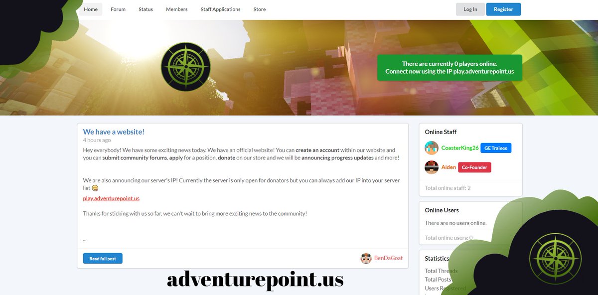 AdventurePoint_'s tweet photo. We now have a #website! Come sign up for an account and chat with us on our forums and stay updated with events, announcements, and more! #AdventurePoint has also released our IP! https://t.co/vUBG4i8HZ6 we are currently open only for donators, You can donate on our website! 😁 https://t.co/8SZAKUCc7r
