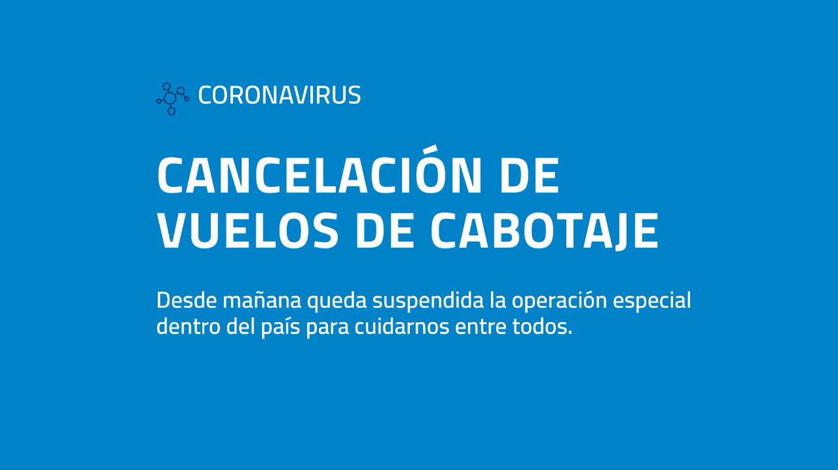 A partir de mañana todos los vuelos especiales de cabotaje quedan suspendidos con motivo de las restricciones dispuestas por la crisis sanitaria mundial COVID-19. Para información sobre tu vuelo ingresá a 👉🏼 aerolineas.com.ar. #Coronavirus