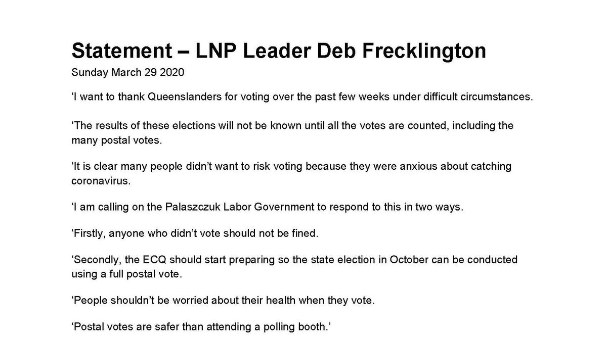 Political Alert On Twitter Qld Lnp Leader Debfrecklington Calls On The State Government To Not Fine Anyone Who Didn T Vote In Yesterday S Elections And To Start Preparing So The State Election In