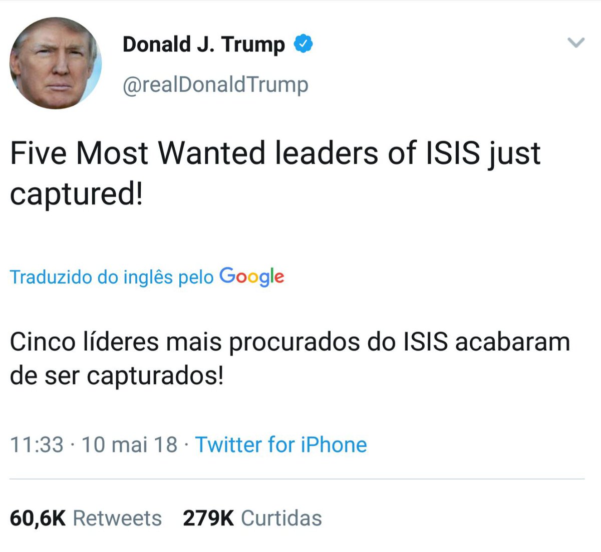 12)No dia 10/05/18 Trump foi ao tt para revelar que os 5 maiores líderes do ISIS tinham sido capturadosEla foram enviados a Prisão em Guantanamo pq nos USA as leis não permitem um interrogatório mais 'rigoroso" pois eles tinham de cantar tudo que sabiam https://twitter.com/realDonaldTrump/status/994586105822564353?s=19