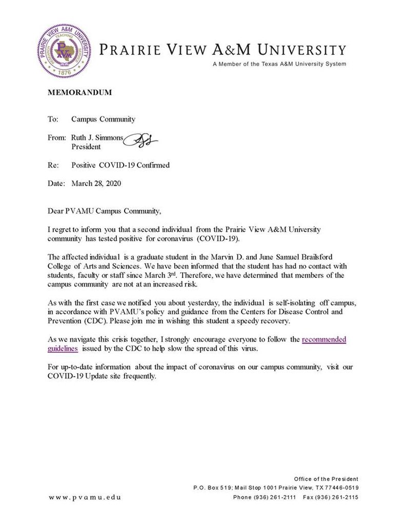 PVAMU_SA's tweet photo. [#PVAMU Alert] 2nd Positive COVID-19 Case Confirmed   
Always check https://t.co/vzsLfVTS2R for up to date information. https://t.co/a7P7rXlMwG