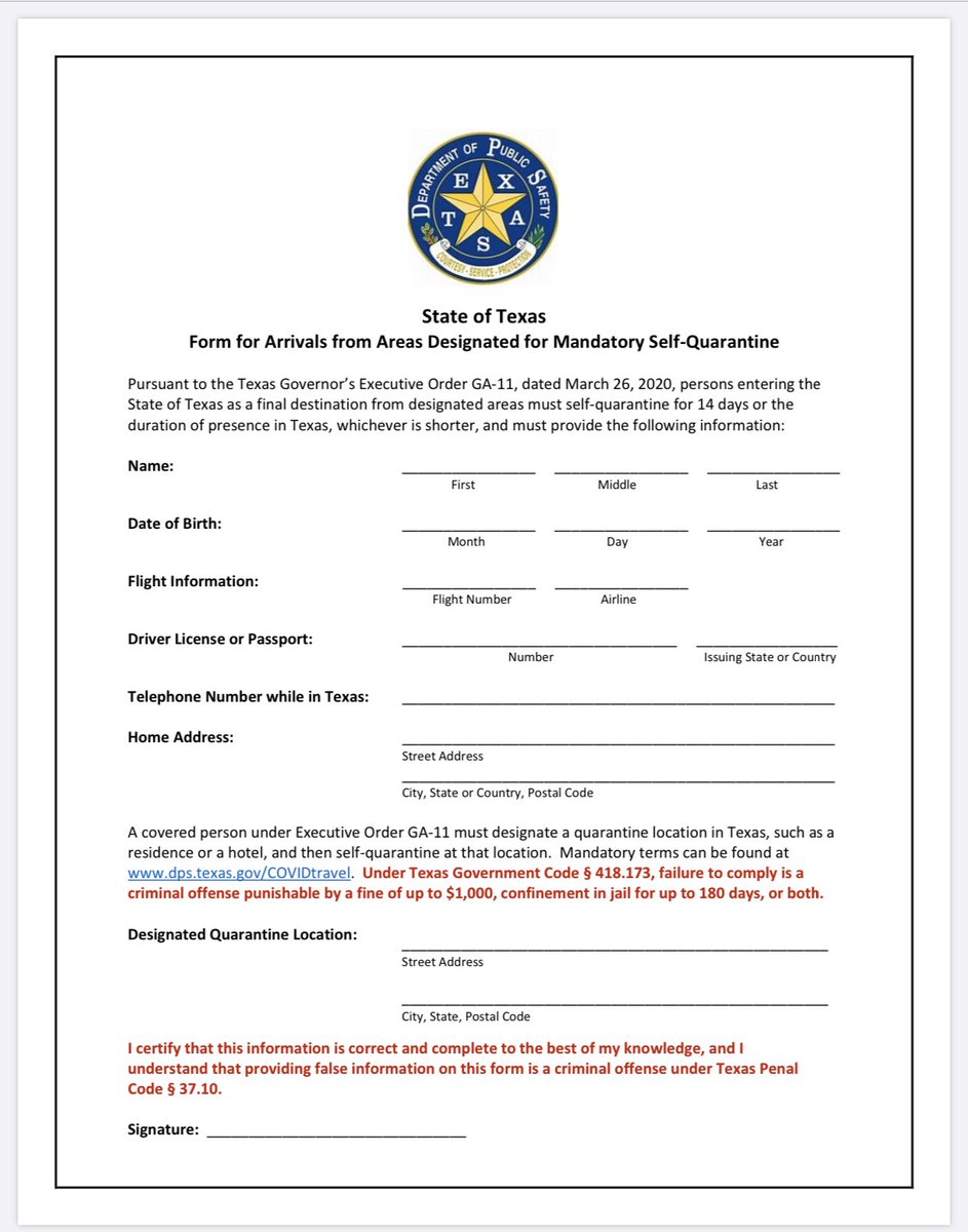 Coming to town? If you are traveling into Houston from the Tristate or New Orleans, you’ll have to fill out this form handed out by troopers at the airport. It’s part of the governor’s mandated self-quarantine. #COVID19 #selfquarantine #ExecutiveOrder <a href="/KPRC2/">KPRC 2 Houston</a>