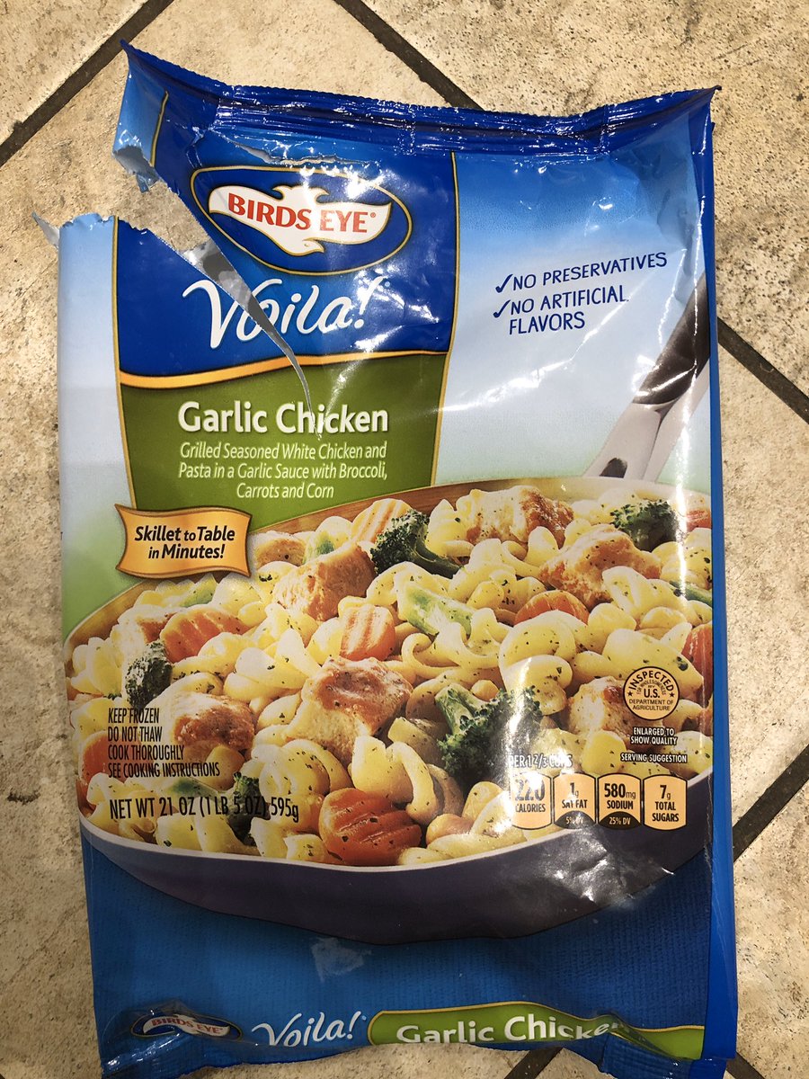 Quarantine Meal Review #4.1: <a href="/BirdsEye/">Birds Eye</a> Voila! Garlic Chicken. Solid 6/10. Ease of preparation was a 9 but the overall flavor structure was way too average amongst the entire dish. Also, didn’t taste a stitch of garlic.