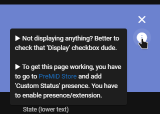 Nataliae8q's tweet photo. For #PreMiD Custom Status page; now you can actually "understand" it. It's funny how people don't understand how to use it 🤣
▶ Friendly errors. Very kind.
▶ Now it's able to detect if you have the presence or not.
▶ Annoys you 'till u check 'Display'.
▶ SMOL changes. https://t.co/2oLbj5l4C2