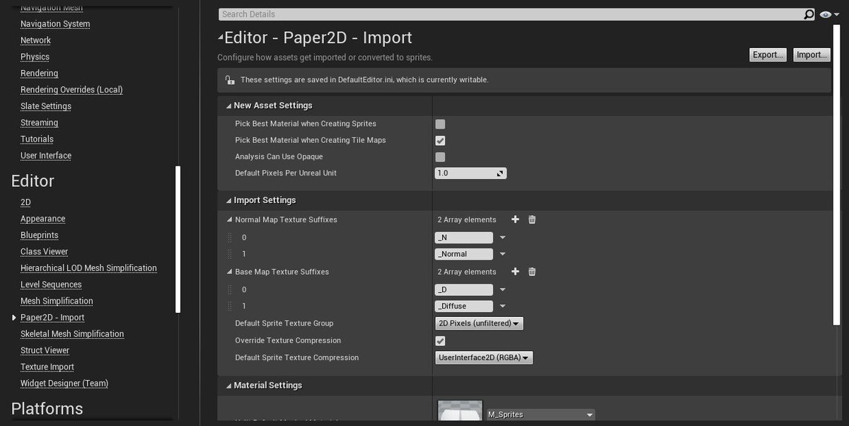 And you can set all of your default Paper2D import options here -- Project Settings > Paper2D: