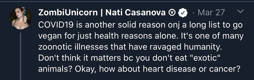 So this person tried to connect  #Covid_19 and why everyone should be vegan. Simply offered an alternate point of view by saying how you can get things like listeria and other things that cause illness from plant foods. They then made some very rude comments and blocked me 