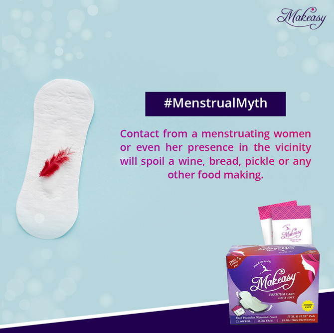 makeasyglobal's tweet photo. No modern scientific test has ever shown menstruation as a reason for spoilage of any food in making. 

#Makeasy #FeelEasyToFly #WomenHealth #WomenLifestyle #WomenCare #Inspiration #FOMO #NewProducts #showergel #Handwashes #Makeupremover #Wipes https://t.co/A45pvKoHYT
