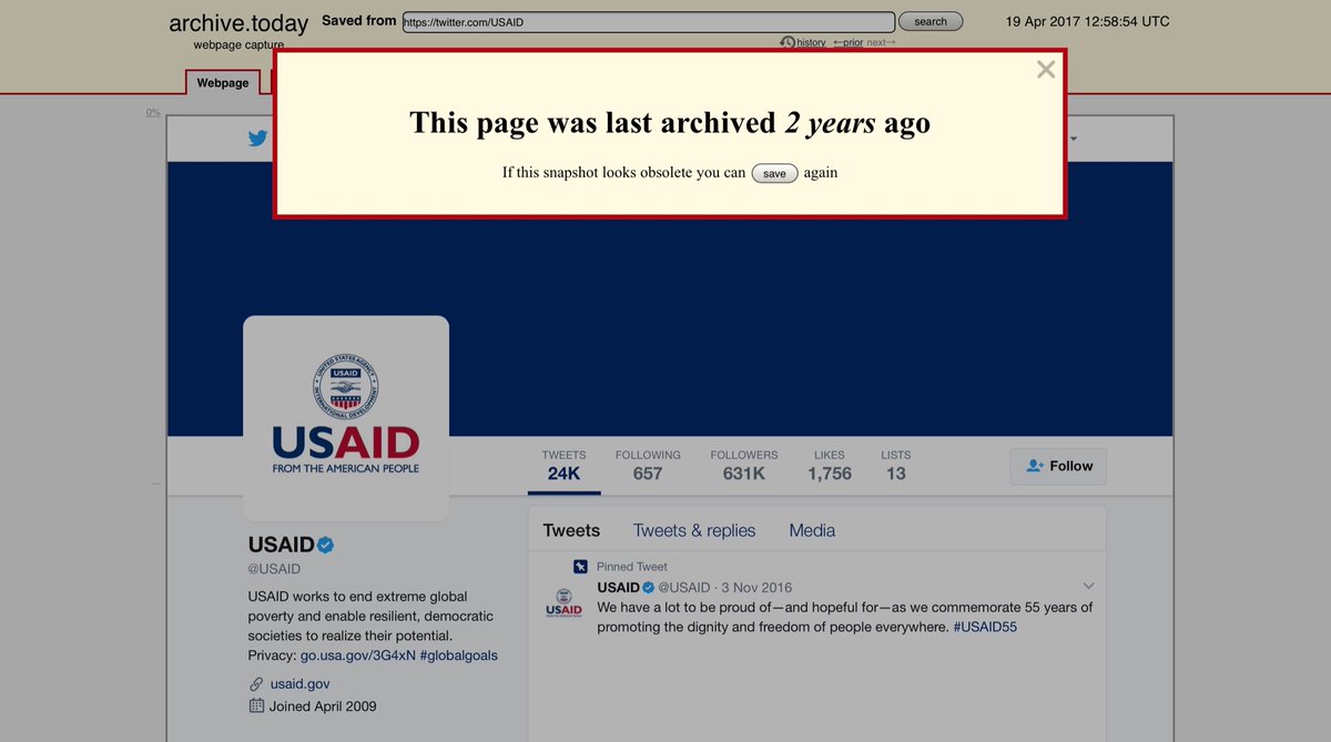 Also apologies to the person who archived the official USAID twitter account, two years ago, I over-wrote your archive because it was 2 years out of date.Sorry - turns out I’m ‘that archive jerk” - my bad  http://archive.is/3tYYs 