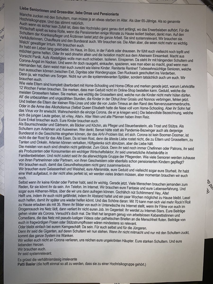 Liebe Senioren
Wenn ihr Bilder von euch in Unterwäsche  im Drogenrausch ins Netz stellt, verliert ihr nicht den Job. Im Gegenteil: Ihr werdet zu Internet-Stars.  Die Welt hat genug von pseudo-lustigen Videos von arbeitslosen Komikerinnen. Ihr seid #systemrelevant. 
Ein Brief
