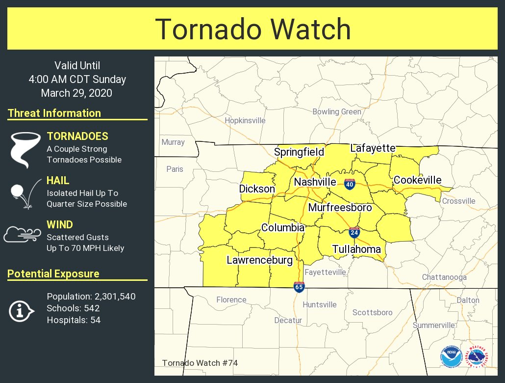 NWSNashville's tweet photo. A tornado watch has been issued for parts of Tennessee until 4 AM CDT https://t.co/NXwos93mAt