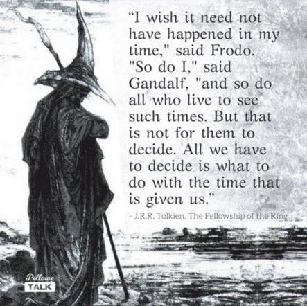 “I wish it need not have happened in my time,” said Frodo. 

“So do I,” said Gandalf, “and so do all who live to see such times. But that is not for them to decide. All we have to decide is what to do with the time that is given us.” #lotr #rememberGandalf #wizardwisdom