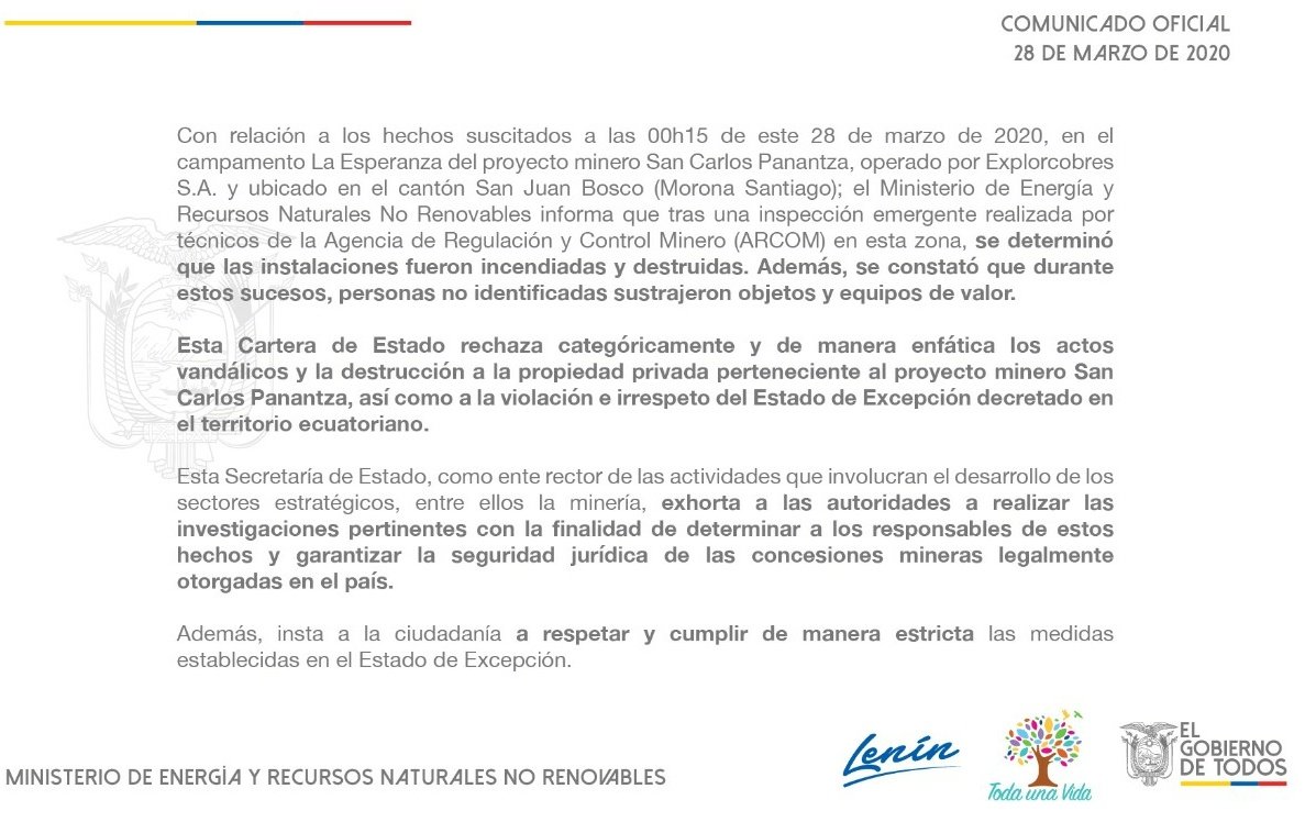 [COMUNICADO OFICIAL] Esta Cartera de Estado rechaza categóricamente los actos vandálicos y la destrucción a la propiedad privada, suscitados este 28 de marzo, en el proyecto minero San Carlos Panantza (Morona Santiago).
Más detalles en⤵️

#MineríaConResponsabilidad
#JuntosEcuador
